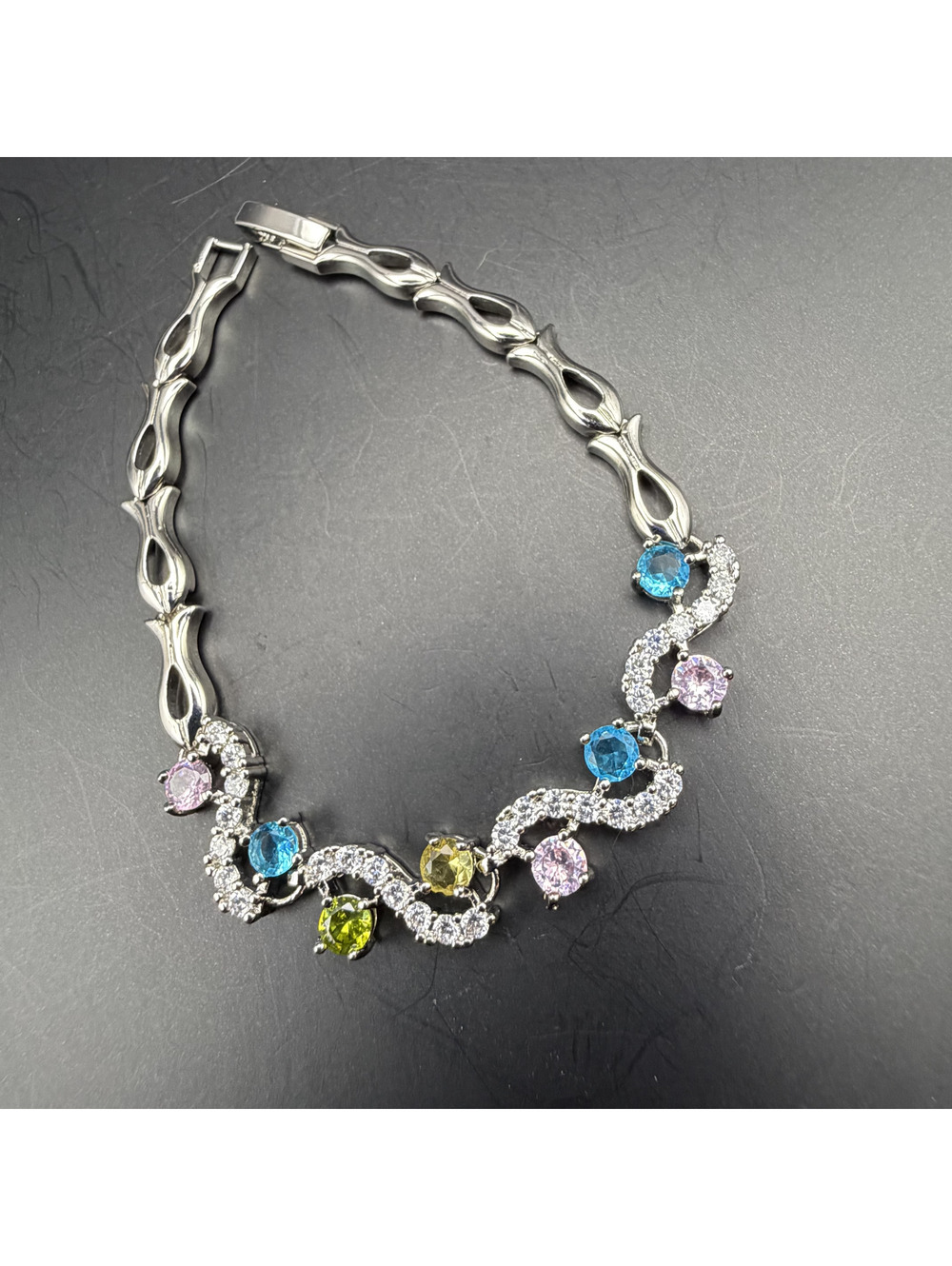 candy+clover aqua green crystal silver tone wave bracelet
